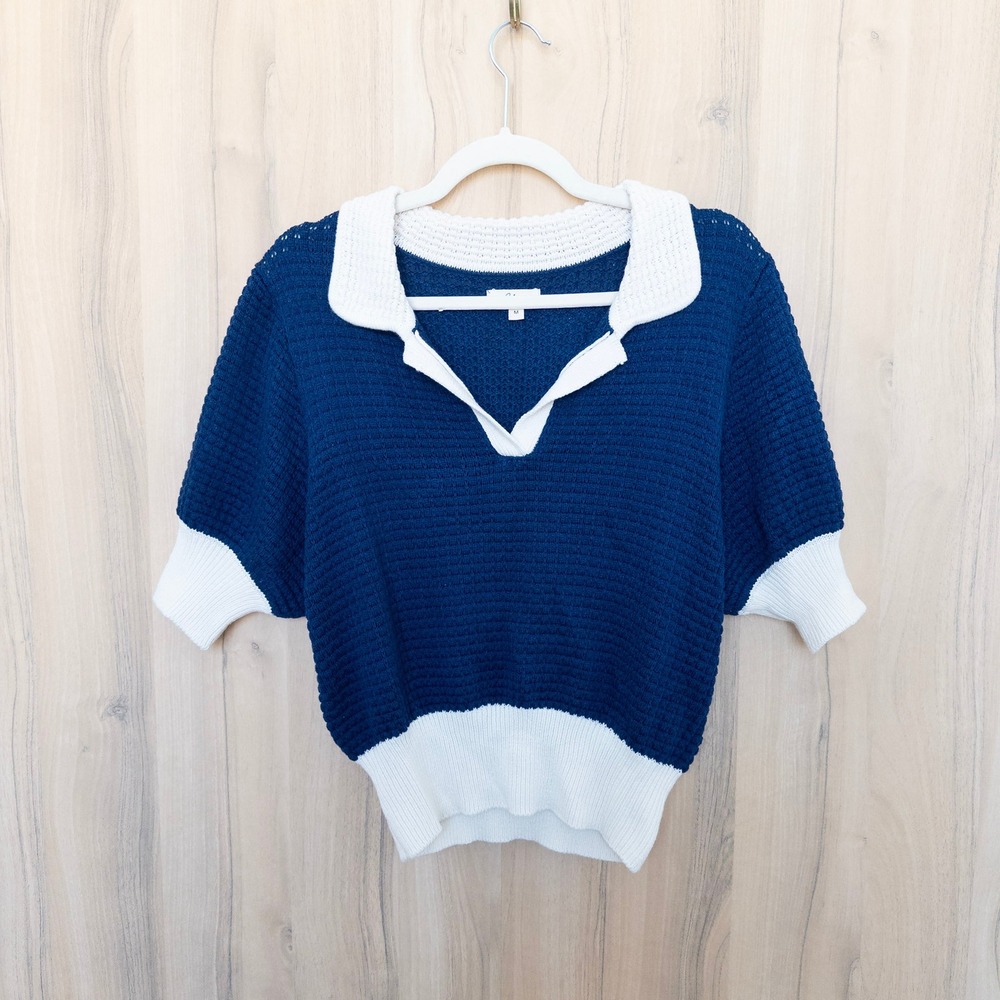 Elan Women Open Knit Polo Sweater M Blue Short Sleeve Colorblock Preppy Nautical